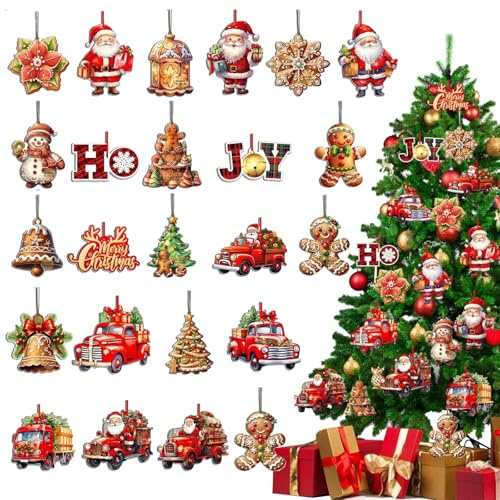 FOSDICK 24 Pezzi Decorazioni Natalizie Legno, Decorazioni Albero di Natale Legno con Spago, Addobbi Albero di Natale legno da Appendere, Babbo Natale Omino Pan di Zenzero Addobbi Natalizi per Albero