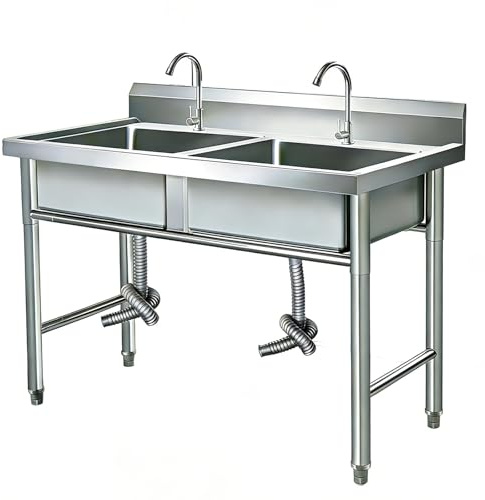 Lavello da Cucina in Acciaio Inox con Rubinetto, Lavello commerciale a 2 vasche, Lavello da Cucina Professionale per Ristorante, Bar, Caffè, 100 * 50 * 80 CM