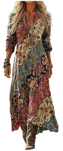 Vestido Lino Mujer Boho Chic Cuello en V Manga Larga Estampado Floral Bohemio Casual Elegante para Diario Playa Viajes Primavera Tallas Grandes Atuendo Versátil Suave Camisero Hawaiano Bolsillo