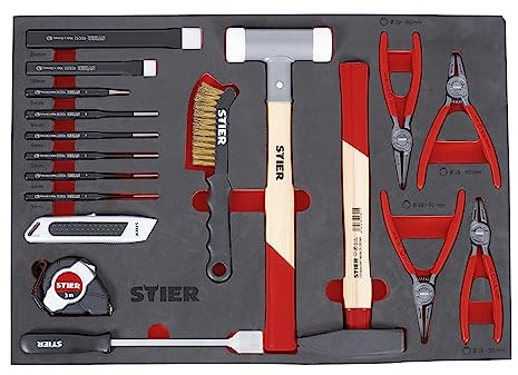 STIER Werkzeugsatz, 18-tlg, in Weichschaumeinlage (EVA), für den Werkstattbedarf, inkl. Splintentreiber Meißel Hammer Cuttermesser Drahtbürste, Universal-Werkzeugsatz