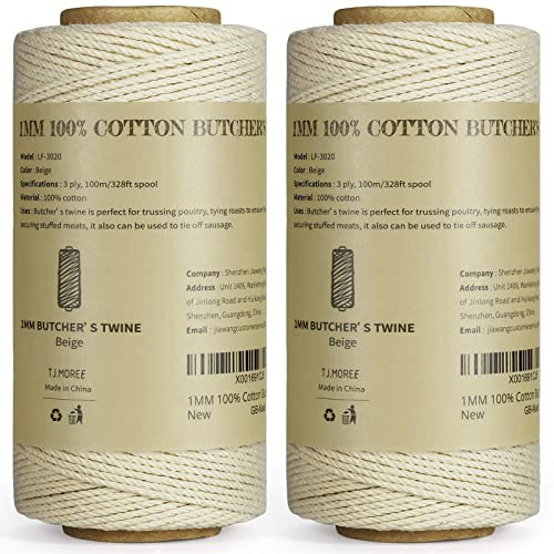 TJ.MOREE, confezione da 2 bobine di spago per macellai, 3 strati, 100 m/2 1 mm di spessore, per alimenti, in cotone, per cucinare carne, per cuocere salsicce e per decorazioni artigianali, bianco