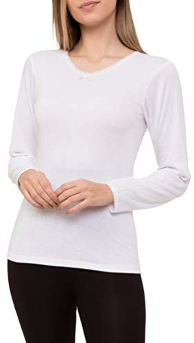 Camiseta Interior Térmica Algodón Manga Larga Mujer Cuello de Pico Color Liso (Blanco, S)