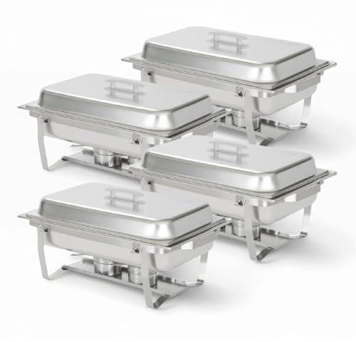 Alpha Living 4 Pack Chafing Dish Full Set – Stainless Steel Catering Chafer with Lids, Pans & Fuel Holders – Buffet Food Warmers for Parties, Events & Weddings – Alpine Gray Handles
