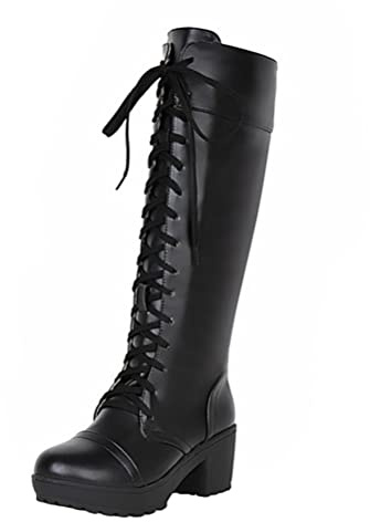 Minetom Bottes Femme PU Cuir Bottes À Lacets Gothiques Punks Boots Automne Hiver Talon Bloc Plateforme Bottes Hautes Chaussure B Noir 38 EU