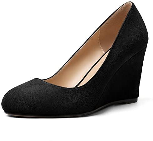 AUMOTED Women’s Wedge Heel Pumps Shoes Round Toe Slip On High Heels for Party Evening Dress Shoes US Size 7 Black