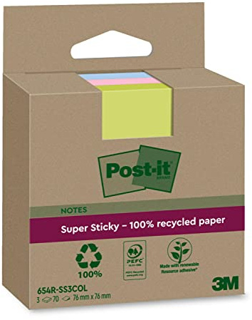 Post-it Superklibbiga 100% återvunna anteckningar, paket med 3 dynor, 70 ark per dyna, 76 mm x 76 mm, rosa, grön, blå – extra klisterlappar tillverkade av 100% återvunnet papper