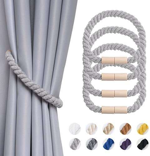 Pretty Jolly 4-pack magnetiska gardinbindningar i trä boho heminredning draperi bakstycken naturlig bomull handgjorda rep gardinhållare för tunt eller tjockt hem och kontor fönsterdraperi (ljusgrå)