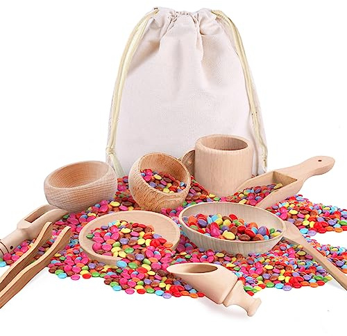 Yowlieu 10 Pcs Wooden Sensory Bin Tools for Toddlers & Preschool Children, Montessori Sensory Wooden Toys Fine Motor Learning Pretend Play Sensory Tools for Kids