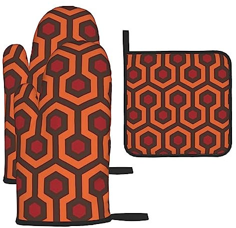 Shining Overlook - Set di 3 guanti da forno e presine, per cucina, cottura al forno, grigliate, isolamento termico, guanti e tappetini antiscivolo