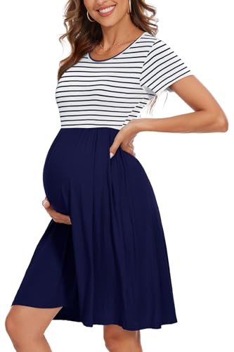 WOOXIO Vestido de maternidad de manga corta para mujer, ropa de embarazo con bolsillos, White Navy Stripe-navy, L