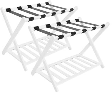 Luggage Racks, Set of 2 Folding Luggage Rack for Guest Room, Bamboo Suitcase Stands with Nylon Straps, X-Shape Heavy Duty Luggage Holder, Suitcase Holder for Guest Room, Hotel, Bedroom, White