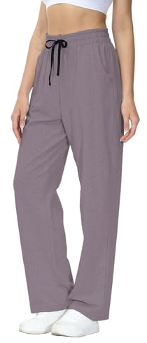 HMIYA Jogginghose Damen Baumwolle Freizeithose Lang offenem Boden Yogahose Sporthose Geradem Bein Hose mit Taschen (Pink lila M)