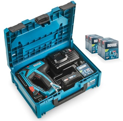 NOVUS TOOLS Agrafeuse sans fil professionnelle J-550 metaBOX Kit avec 25.000 agrafes │ Pour agrafes en fil fin 6-14 mm et clous 16 mm │ Agrafeuse cloueuse compatible avec batterie CAS 18V Li-Ion