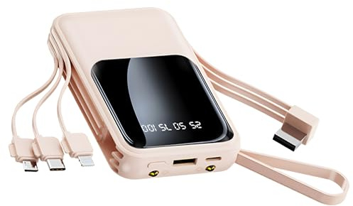 Powerbank 10 000 mAh snabb laddning bärbar laddare med integrerade kablar litet USB-C-batteripaket för iPhone 16 15 14 13 Android Google Pixel etc (Dark Pink)