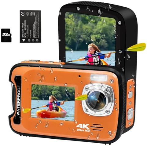 17FT Underwater Camera 4K 48MP Waterproof Camera for Snorkeling，Dual Screen Auto Focus Digital Camera with 32GB Card,18X Zoom Fill Light Compact Cameras for Kids/Adult/Elderly/Beginners