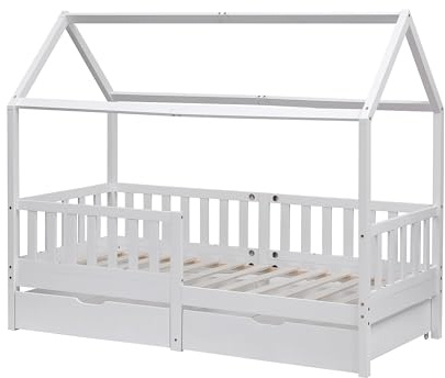 FUSIDE Kids Bed Frame Single Bed Solid Pine Wood Tree House Bed with 2 Storage Drawers,196x97x163 cm (White)