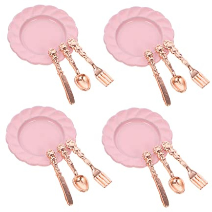 BESPORTBLE 4 Juegos Mini Vajilla para Casa de Muñecas con Platos Rosas y Cubiertos Miniatura Realistas para Decoración y Infantiles
