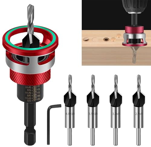 BIGP Jeu de 6 Forets à Chanfreiner avec Butée de Profondeur Réglable – Fraise pour Bois – Tige Hexagonale 1/4″ HSS-M2 – Pour Alésage Précis (Rouge)