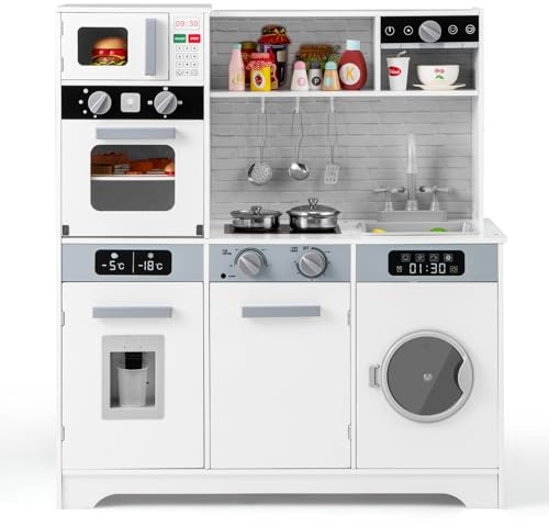 Costzon Kids Kitchen Playset, Wooden Toddler Play Set w/Real Lights & Sounds, Sink, Faucet, Water Dispenser, Microwave, Oven, Washing Machine, Little Chef Pretend Play Kitchen for Kids Ages 3+(White)