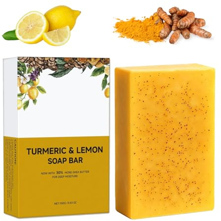 Citroner och gurkmeja tvålstycke mot mörka fläckar, 30 % större, hudblekande tvål med kojisyra, C-vitamin, retinol och sheasmör, ren, säker, för ansikte, kropp, armhålor (1)