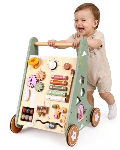 Highbird Carrello Primi Passi in Legno Per Bambini, Girello Giocattolo Montessori, Girello in Legno con Ruote in Gommate Per Ragazze e Ragazzi da 1 Anno