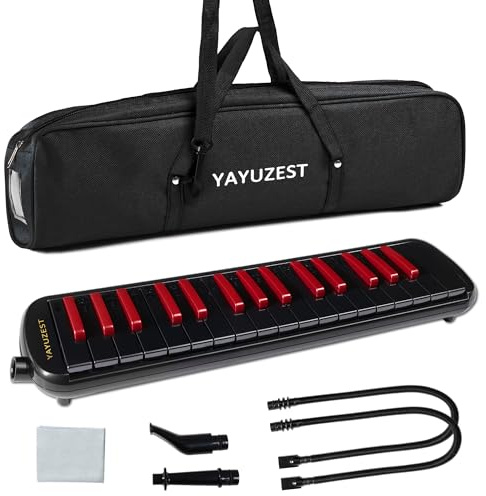 YAYUZEST 32 Keys Melodica Instrument, Soprano Melodica Air Piano Keyboard Pianica with 2 Soft Long Tubes, 2 Mouthpieces Tube and Carrying Bag for Beginners Adults Gift (Black+Red)