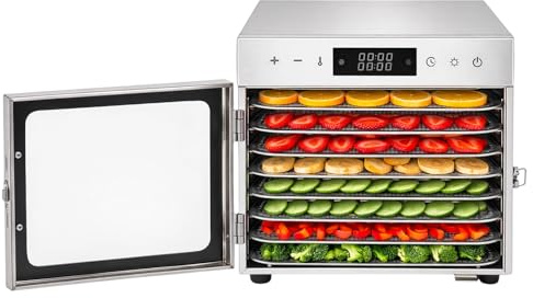GREENSAPPIRE Dörrautomat Edelstahl mit 8 Edelstahlgitter - 700 W - 30°-85°C - 8 Edelstahl Einlegetabletts mit insgesamt 6700 cm² - Dörrgerät Dehydrator Obsttrockner Dörrapparat - Obst Fleisch