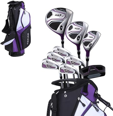Aspire XD1 Women's Golf Club Set – Ultra-Light Graphite Shafts, Driver, Fairway, Hybrid, 6-PW Irons, Putter, Stand Bag & Headcovers – Right-Handed, Available in Regular, Petite & Tall Sizes – Purple
