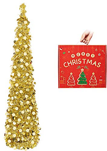 N&T NIETING 5ft Collapsible Pop Up Coastal Christmas Tree - Gold Tinsel for Holiday Xmas Decorations, Home & Office Display