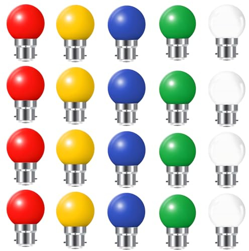 Huamu Pack med 20 B22 LED-lampor 2 W girlang röd, gul, grön, blå, varm vit, okrossbar (motsvarande 20 W)