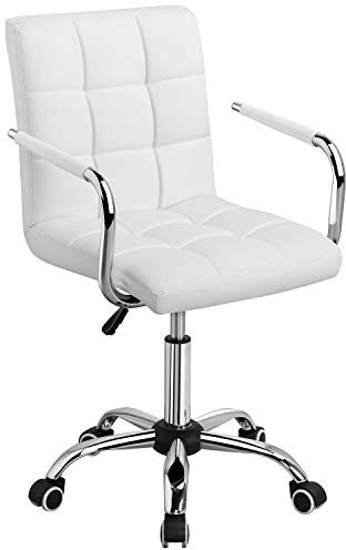 Yaheetech Adjustable Home Office Chair Leather Computer Desk Chair Mid Back Task Chair with Arms and Wheels for Study or Work White