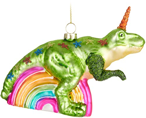 BRUBAKER Einhorn T-Rex Regenbogen Weihnachtskugel aus Glas - Handbemalt und Mundgeblasen - Dinosaurier Christbaumschmuck - Fantasie Dino Figur Lustig Weihnachtsdeko Anhänger Bunt - Baumkugel