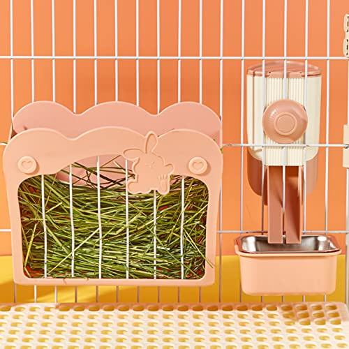 Mangeoire Foin Lapin, Kit d'alimentation 3 en 1 avec gamelle et Entonnoir Suspendu pour Cage, Râtelier à Foin pour Lapin Cochon d'Inde Chinchilla (Rose)