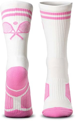 ChalkTalkSPORTS Tennis Socks - Performance Crew Socks for Tennis Players - Crossed Racquets - Light Pink & White - Adult