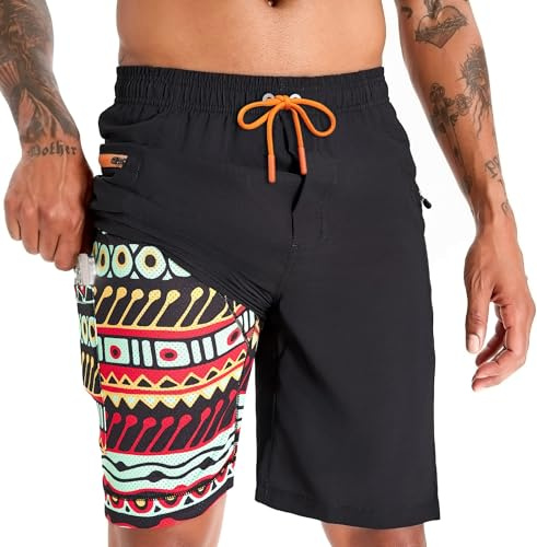 APTRO Swimming Shorts Men Swim Trunks with Compression Liner 2 in 1 Quick Dry Beach Summer 9'' Board Shorts with Zipper Pockets Colourful Symbol MK283 XL