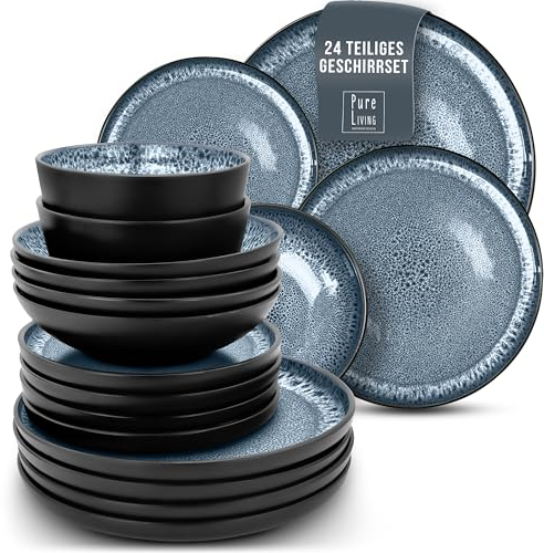 Juego de Vajilla de Steingut Ibiza para 6 Personas - 24 Piezas, Set de Vajilla para Lavavajillas y Microondas - Moderno Juego de Platos - Servicio de Pure Living en azul humo