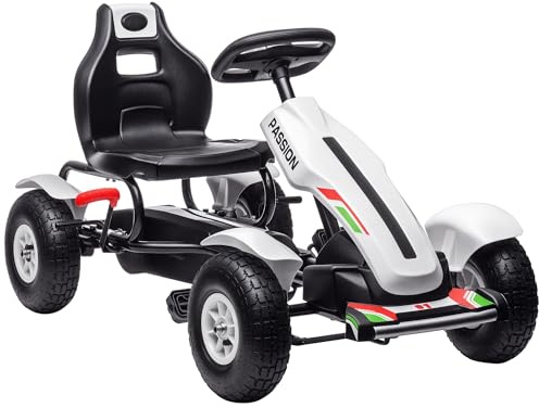 HOMCOM Go Kart a Pedales para Niños de +5 Años Coche de Pedales Infantil con Asiento Ajustable Neumáticos de Goma Freno de Mano para Niños y Niñas Carga 50 kg 121x58x61 cm Blanco