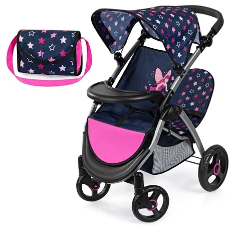 Bayer Design 39416AA Twin dolls pram, double doll stroller, adjustable handle, foldable, bag