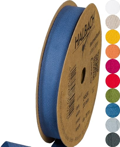 Halbach Seidenbänder Baumwollband | 20mm x 20m | Webband 100% Baumwolle | Bänder zum Basteln als Meterware | Stoffband für Dekorationen, DIY Handwerk, Schrägband Näharbeiten, Farbe: jeans-blau