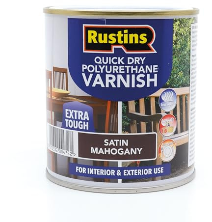 RustinsQuick Dry Poly Varnish Satin Mahogany 2,5ltr -Tough, Water-Based Clear Finish in Gloss, Matt or Satin; Durable Protection for Interior Wood, Furniture and Floors