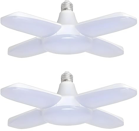  HUAMu E27 LED Garagenleuchte 60W, Kaltweiß 6500K 6000Lm Verformbare Werkstattlampe, Garagenbeleuchtung mit 4 verstellbare Verkleidungen für Garagen, Keller, Lager, 2 Stück ﻿