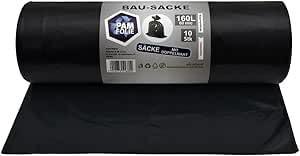 PAM-FOLIE Müllsäcke 160L - 10 Stück - Bausäcke Professional, Dicke Abfallsäcke - 90x110cm - 60µm - Extra Stark - schwarzer Müllbeutel - Bauschuttsäcke - Säcke für Bauschutt