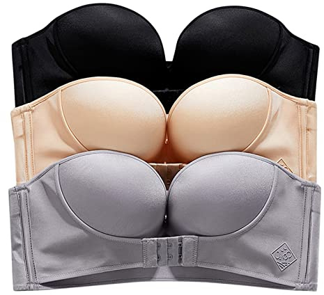 Lot to 3 Soutien Gorge Bandeau Femme Anti-Glissant, Soutien Gorge Invisible Femme sans Bretelles,BrassièRe Femme Push Up avec Boucle Avant RéGlable éLastique pour Mariage Soirée FêTe Lingerie
