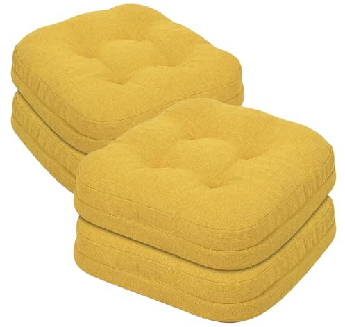 baibu Set of 4 Dining Chair Cushions, Dual-Layer Patent Design Memory Foam Kitchen Chair Cushions, Non-Slip Seat Pads with Ties, 16.5 x 16.5 x 3.5in, 4 Pack, Yellow
