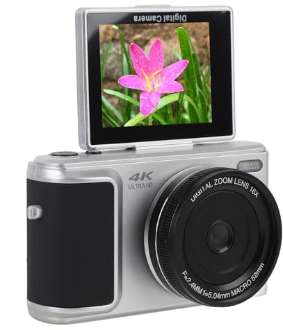 Digitalkamera för Fotografering, 4K 64MP Autofokus Vloggningskamera med 2,8 180° Vändskärm för YouTube, 16X Digital Zoom Kompaktkamera (Silver)