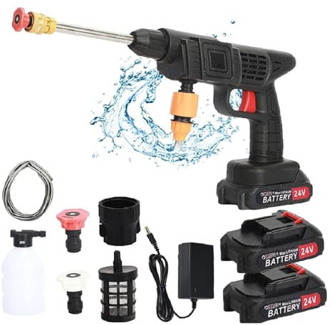 Cordless Pressure Washer,24 V Cordless Pressure Cleaner Kit con batteria da 1500 mAh 3 ugelli, idropulitrice portatile per lavare auto, pulire pavimenti, versare fiori