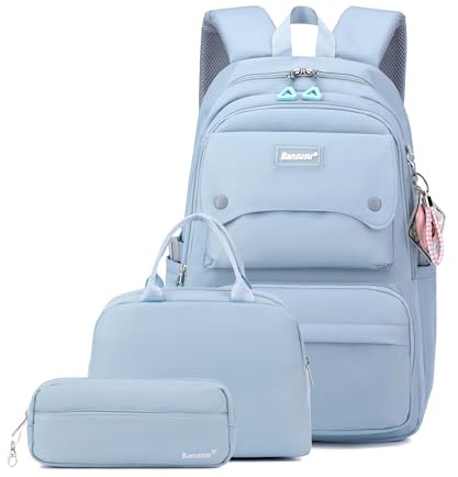Bansusu 3Pcs Light Blue Kids Backpack for Teen Girls with Lunchbox, Blue Girls Backpack Multi-Pocket Casual School Bag, Blue