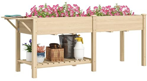 Outsunny Letto per Orto Rialzato con 2 Aree di Piantagione, Tavolino Laterale, Ripiano Porta Attrezzi Rimovibile e 8 Fori di Drenaggio, Fioriera Rialzata da Esterno in Abete, 207x59x78 cm, Color Legno