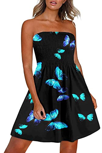 Bandeau Beach Dresses for Women UK Strapless Boobtube Sheering Ruched Boho Mini Dress Summer Ladies Floral Print Pleated Flowy Swing Mini Dress Beach Sundress