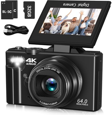 Cámara digital 4K para fotografía y vlogging, cámara de YouTube con pantalla abatible de 3 pulgadas y 180°, enfoque automático, WiFi, zoom de 18X, flash, 2 baterías y tarjeta SD de 32 GB